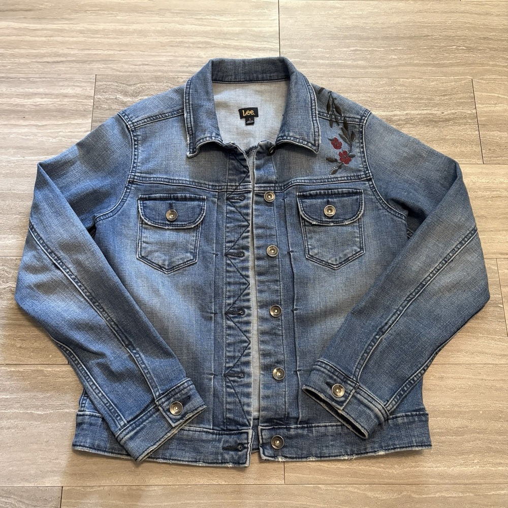 Lee Floral Denim Jacket Embroidered Womens Medium Wash Size Small
